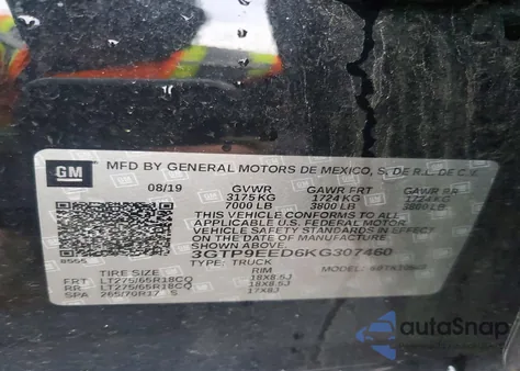 2019 GMC Sierra K1500 At4 z USA, uszkodzony, nr VIN 3GTP9EED6KG307460